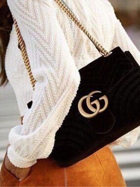 Sale!! &88Gucci Black Velvet Shoulder Bag with Gold Double G